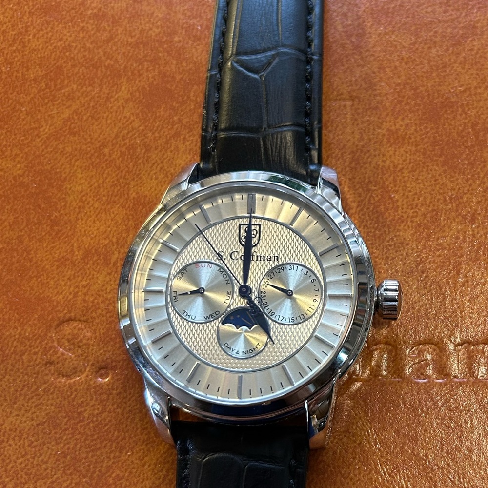 S Coifman Watch With 43mm Light Gold MoonPhase Chronograph Face & Black Band